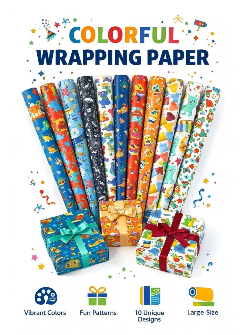 مجموعة ورق تغليف هدايا برسومات حيوانات، 10 أوراق 50×70 سم، 10 تصاميم (ورقة لكل تصميم) تشمل ديناصور/آيس كريم/عباد الشمس/غواصة/أصداف، مع لفة شريط لاصق شفاف، لهدايا الأطفال والمناسبات - Image 1